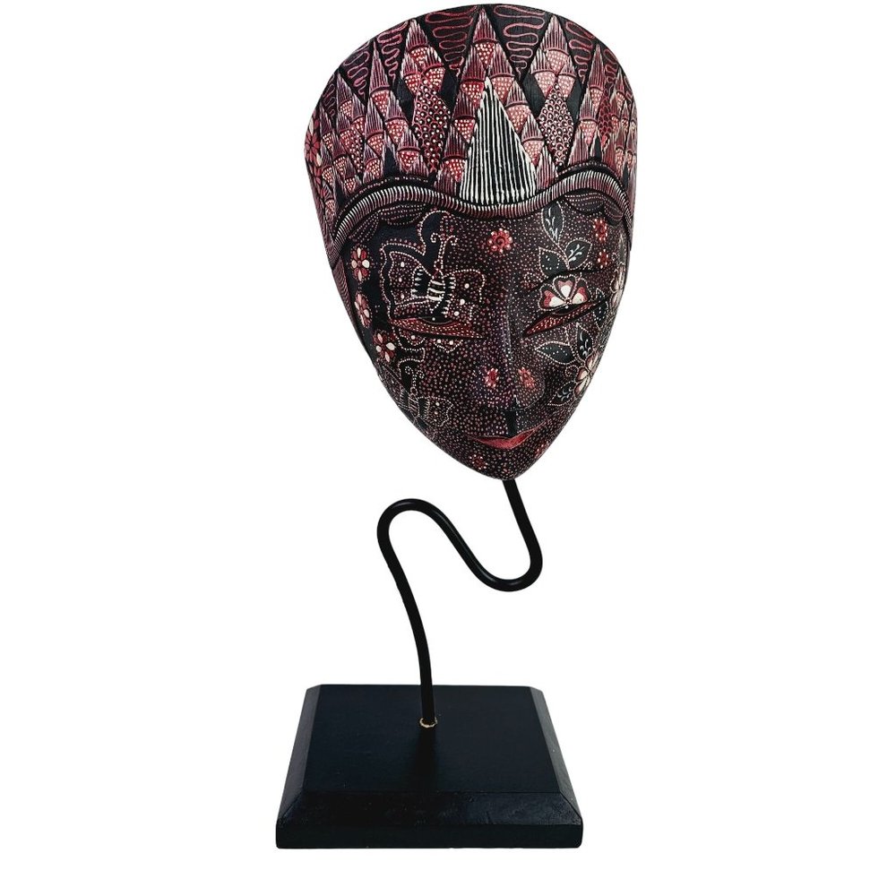 Batik Wooden Table Top Two-Sided Floral Hand Painted Mask Display